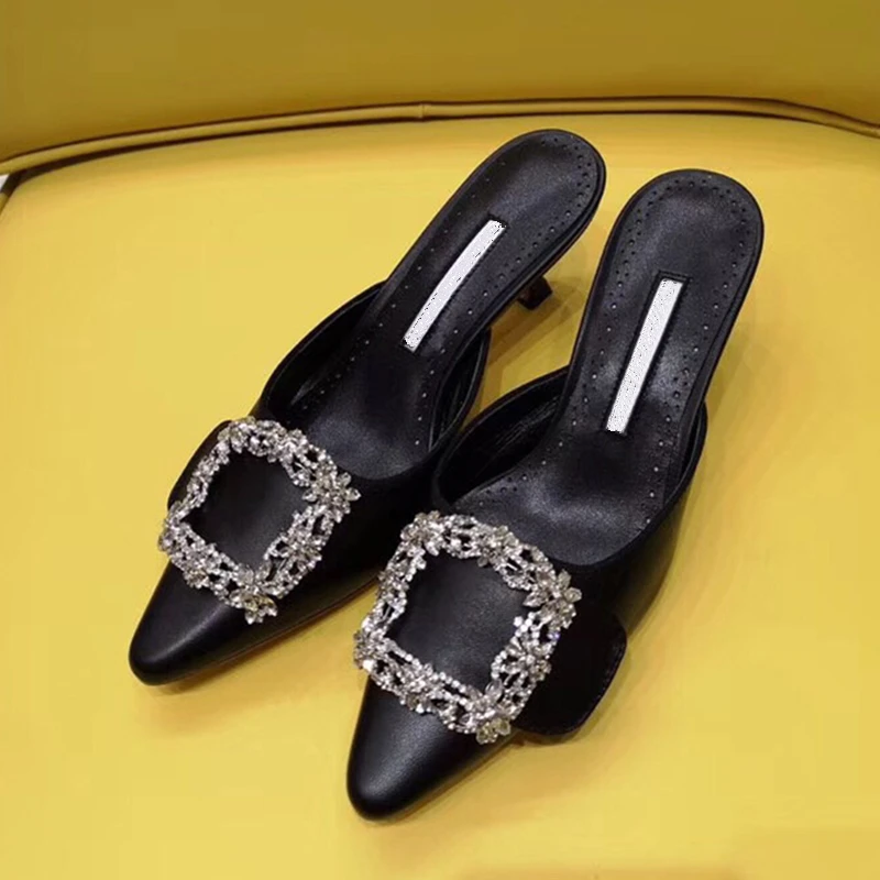 Туфли женские на высоком каблуке квадратный носок кристаллы модные кожаные