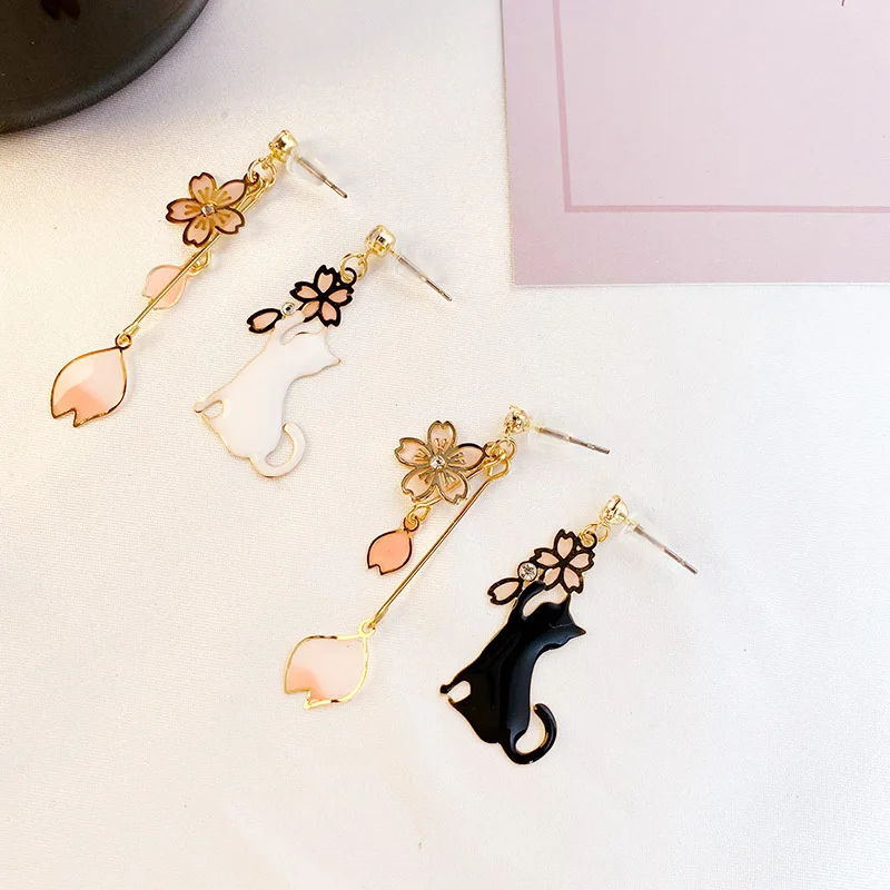 Женские Длинные сверкающие серьги с кулоном Sakura милые ассиметричные в виде кота
