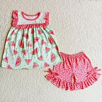 wholesale baby girls boutique summer fruit clothing watermelon red shirt pink dot ruffle shorts children clothes kid set outfit