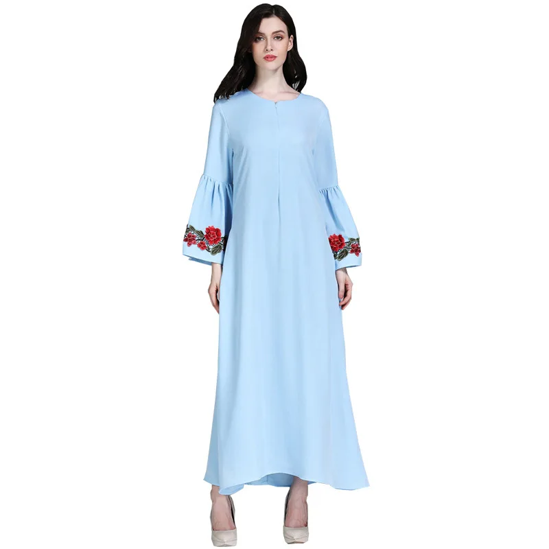 

Muslim Women Long Dress O Neck Full Length Fashionable Flared Sleeves Print Floral Eid Ramadan Dubai Mid East Abayas Robe Caftan