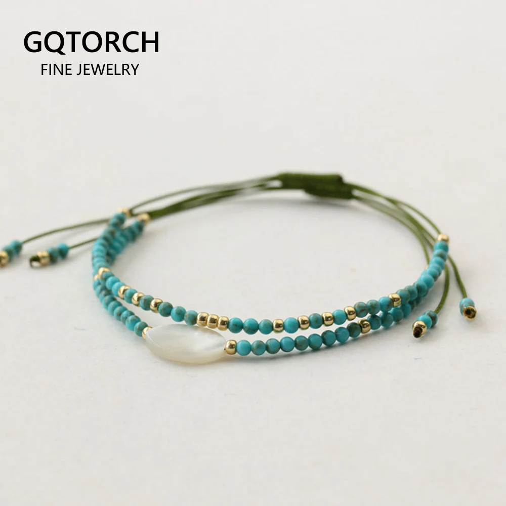 Женский этнический браслет из бирюзы и бусин ракушек жемчуга натурального камня