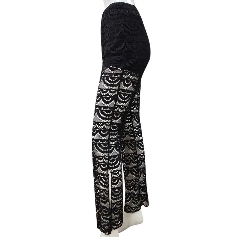 Горячая Распродажа женские брюки размера плюс 2XL черные широкие с кружевной