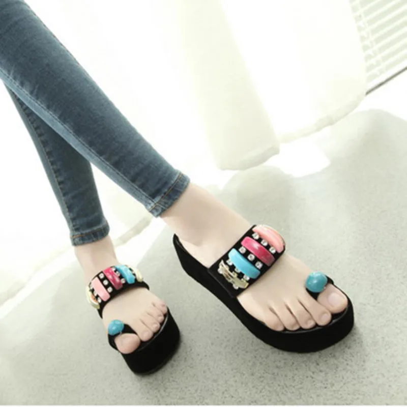

2020 new women's shoes muffin thick bottom Beaded high heel slope heel sandals women's toe sandals women's shoes