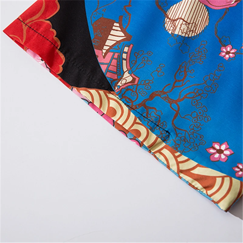 

Bebovizi Streetwear Ukiyo-e Flower Print Kimono Cosplay Cardigan Robe Haori Obi Traditional Japanese Clothes for Women Men