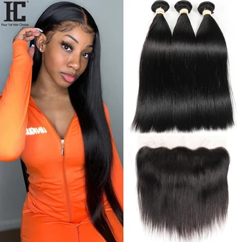 36 38 40 Inch Straight Bundles With Frontal Closure 13×4x1 Lace Frontal With 3 Bundles Brazilian Human Hair Weave With Frontal