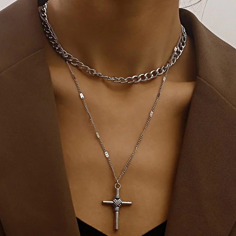 

Vintage Boho Multilayer Choker Cross Pendant Chain Silver Color Necklace for Women Party Fashion Jewelry Gift