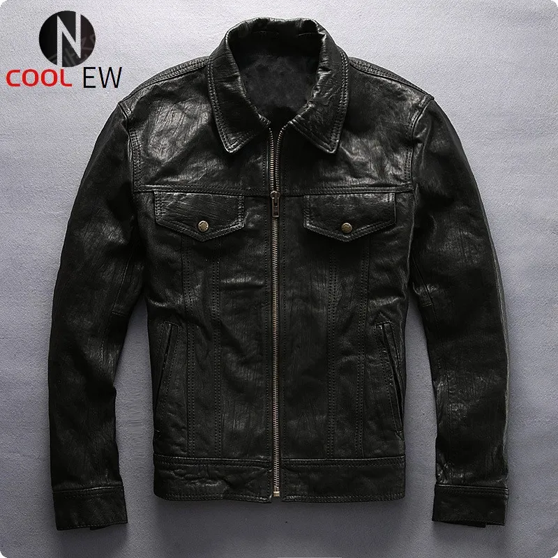 

Italian Vintage Autumn Mens 100% Real Leather Jacket Pockets Gothic Outwear Coat Slim Fit Biker Sheepskin Genuine Leather Jacket