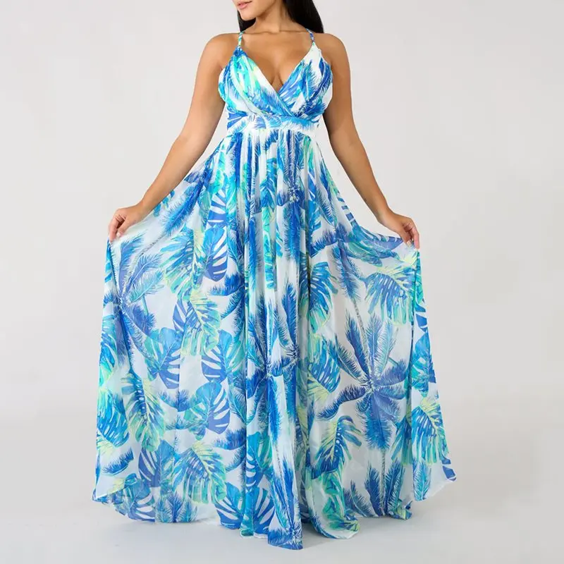 Летнее женское шифоновое макси-платье с открытой спиной Пляжное Платье в стиле