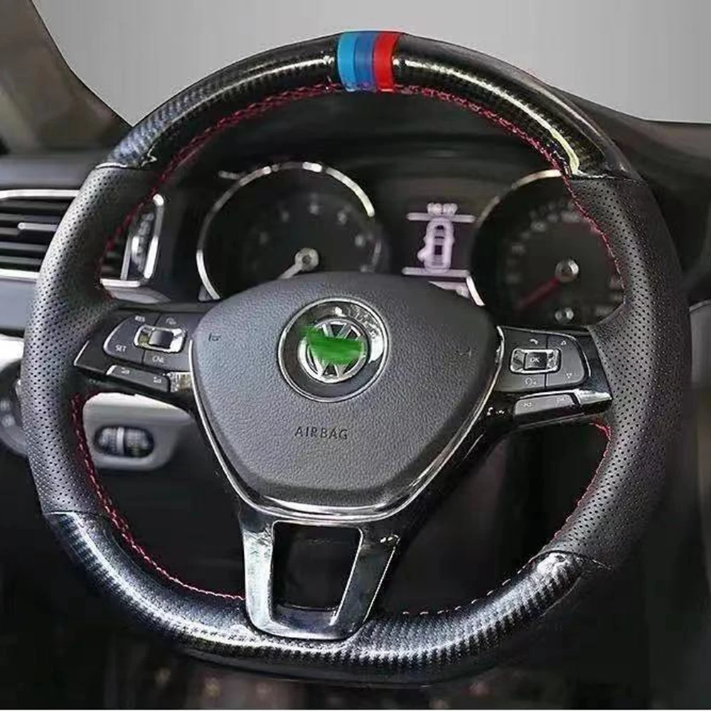

DIY Car Steering Wheel Cover Non-slip Black Genuine Leather Carbon Fiber For Volkswagen VW Golf 7 Mk7 New Polo Jetta Passat B8