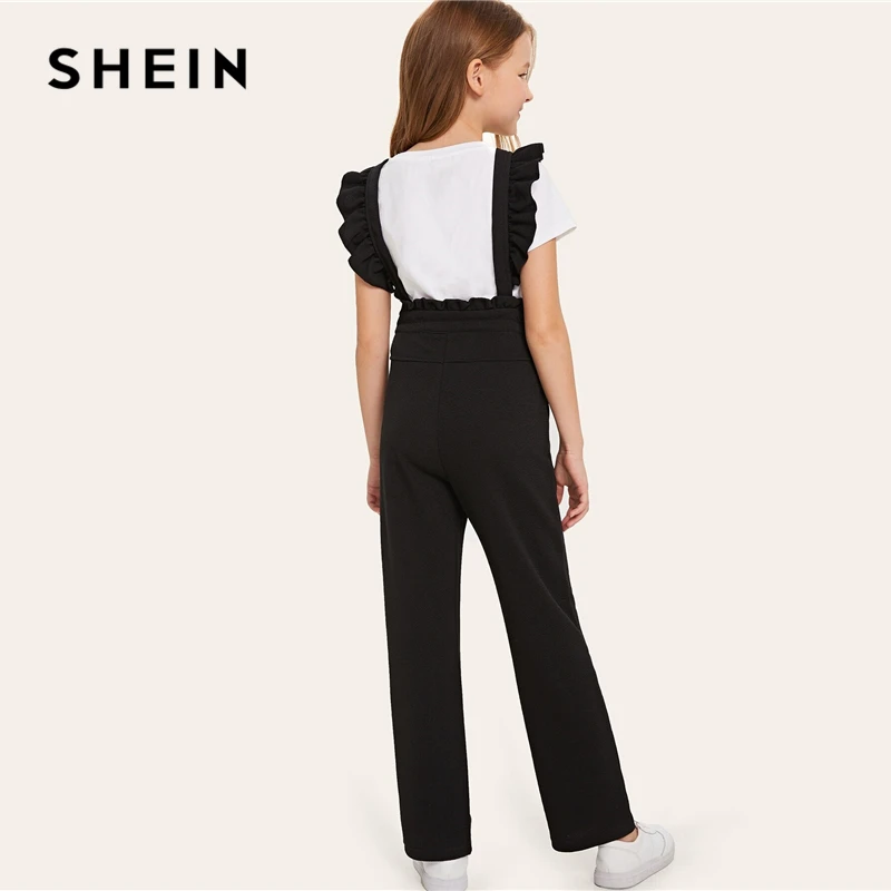 SHEIN Kiddie/черные однотонные брюки на пуговицах, возможность носить с брюками с рюшами на бретелях, детские штаны г., Осенние прямые длинные штаны для подростков