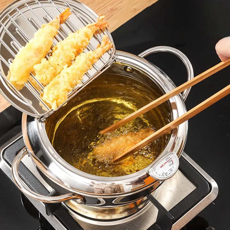 

Japanese Style Deep Frying Pot Thermometer Tempura Fryer Pan Temperature Control Fried Chicken Pot Cooking Tools Kitchen Utensil