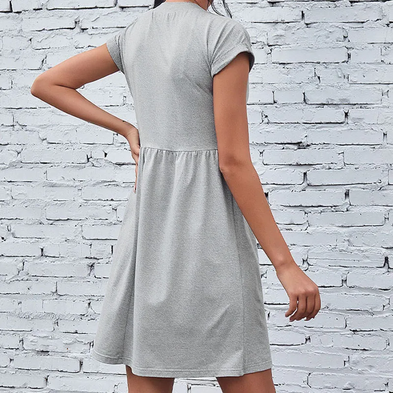 

Summer Solid Women Casual Dress V-Neck Button Short Sleeve Mini Beach Sundress Robe Femme Home Wear Vestidos