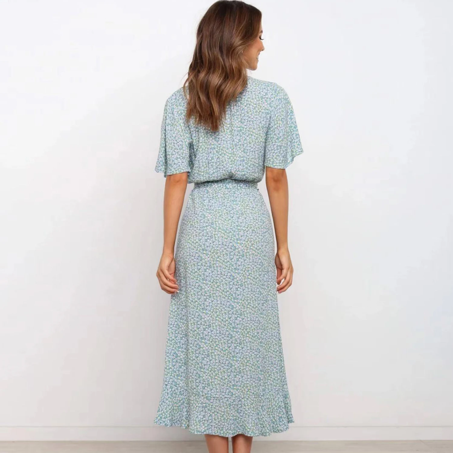 

Dress Women 2021 New Arrive Spring Summer V Neck Loose Print Belt Fashion Casual Bohemian Mid-Calf Dresses