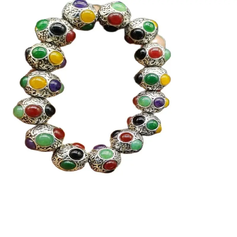 

Chinese Old Tibet Silver Carving Inlaid With Jade Beads Inlaid With Tibetan Silver Bracelet