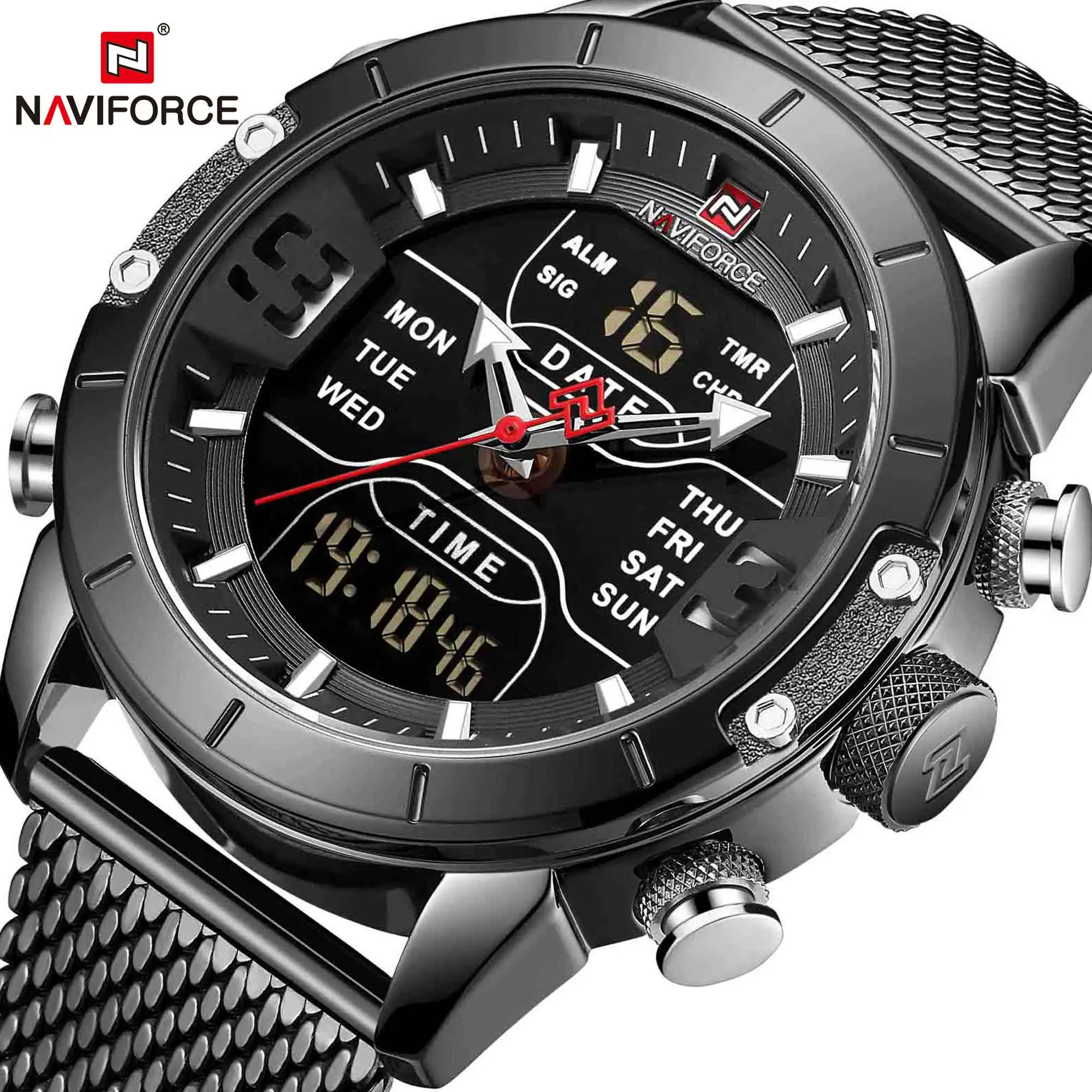 

Часы NAVIFORCE Мужские кварцевые, модные деловые водонепроницаемые с большим циферблатом, отображение дня и даты, со стальным браслетом
