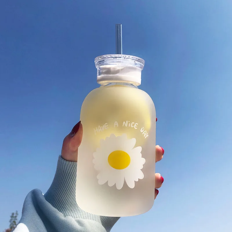 

480ML Kawaii Water Bottle Glass Drink Bottle with Straw Glass Cup Leakproof Drinking Bottle Flower Daisy Milk Juice Bottle