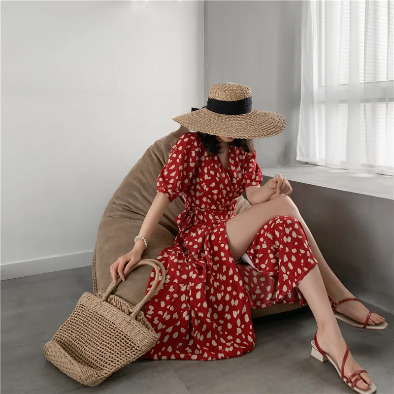 

Women Retro Wrap Dress V neck Puff Sleeve Summer Sexy Vintage Chiffon Print Belted Red Party Dresses Elegant Midi Vestidos
