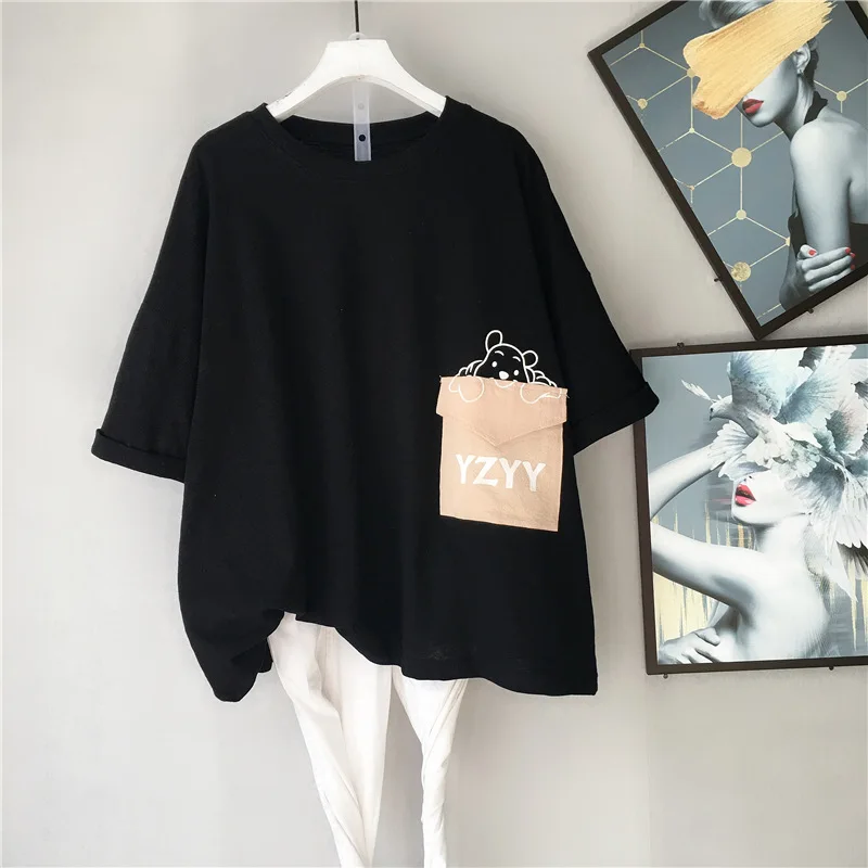 

2021 Summer New Korean Women Simple Pure Color Loose Casual Short-sleeved T-shirt College Cartoon Pocket Top Women Free Shipping