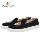 Кроссовки Piergitar мужские с вышивкой головы собаки, летняя повседневная обувь без шнуровки, черные бархатные, с белой подошвой, ручная работа