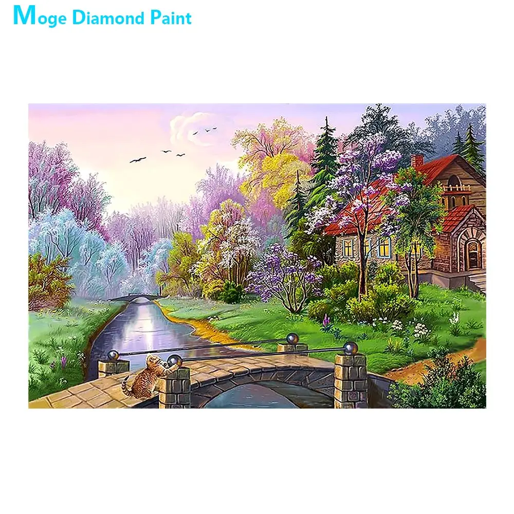 Лесной дом каменный мост пейзаж картина выложенная алмазами живописная Круглая