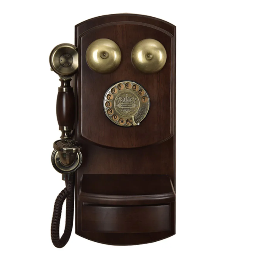 

Wall Mounted Vintage Telephone Phone with Drawer, Button / Rotary Dial, Adjustable Classic Ringtone Volume, Solid Wood for Home
