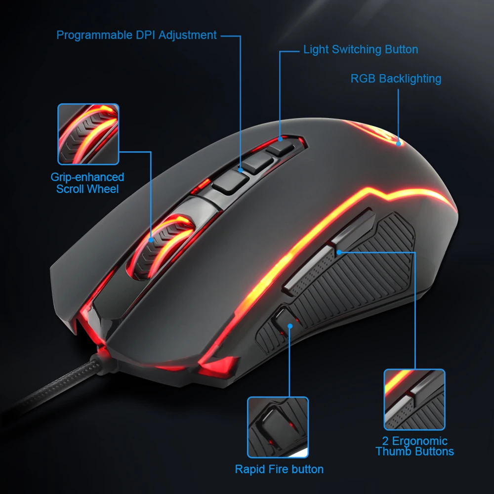 Мышь игровая Redragon Ranger M910 Проводная с RGB-подсветкой 10 кнопок 12400 DPI | Компьютеры и