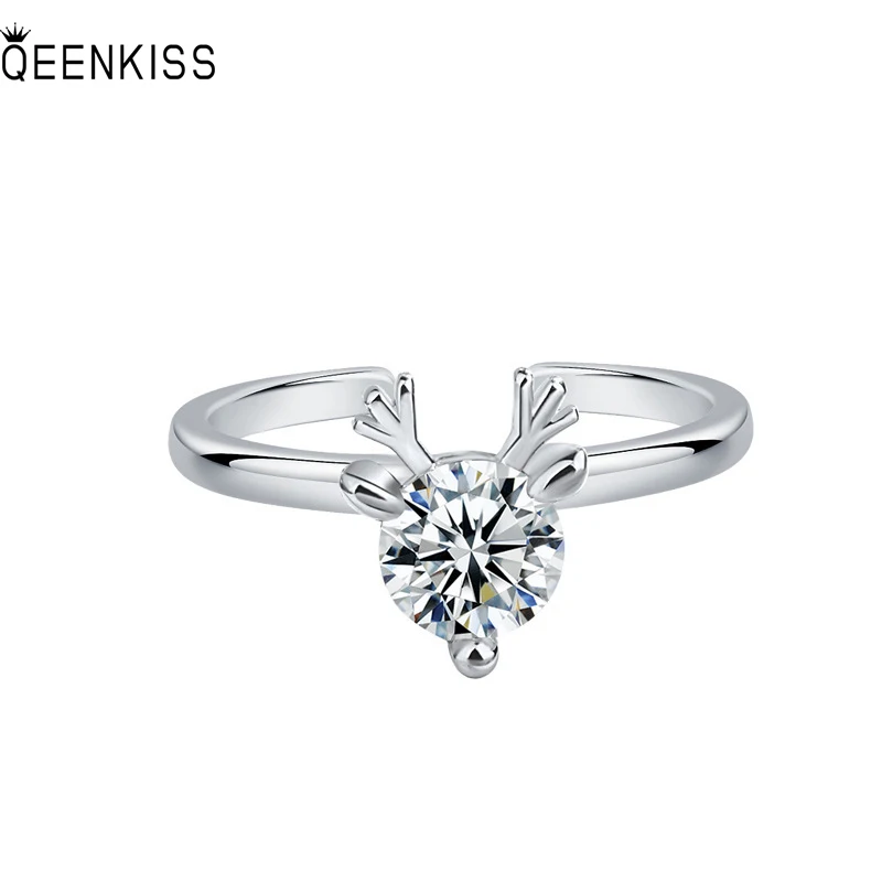 

QEENKISS RG6253 2022 Fine Jewelry Wholesale Fashion Woman Girl Birthday Wedding Gift Deer AAA Zircon 18KT White Gold Open Ring