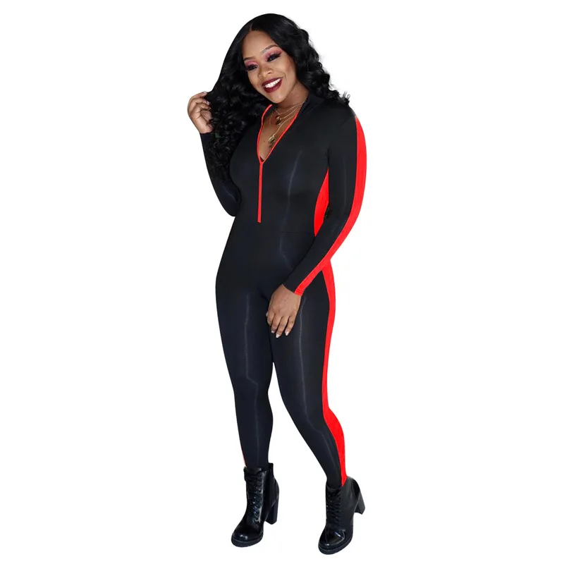 

Neon Striped Sexy Bandage Overalls for Women Long Sleeve Zipper Bodycon Bodysuits Plus Size Skinny One Piece Winter Jumpsuit