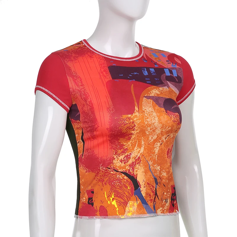 Sweetown Retro Print Patchwork T-Shirts Vintage Aesthetic Girl Techwear O Neck Short Sleeve Summer Tops Women Basic Tees