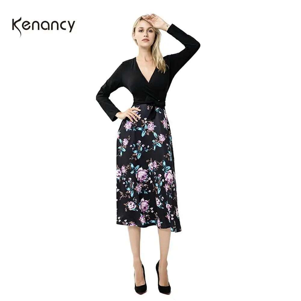 Женское винтажное платье с цветочным принтом V образным вырезом и длинными