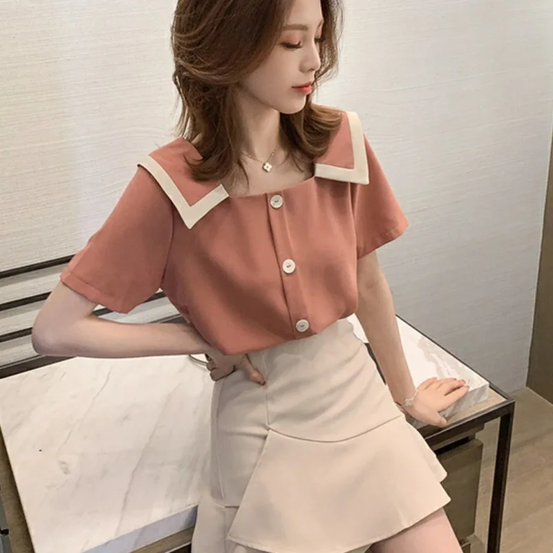 

Women Summer Chiffon Shirts Fashion Sweet Cute Peter Pan Collar Short Sleeve Button Decor Hit Color Elegant Blouses for Student