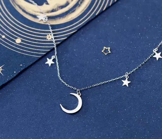 real 100% Sterling Silver 925 Fine Jewelry Moon Star Pendant Statement station Necklace GTLX2020 | Украшения и аксессуары