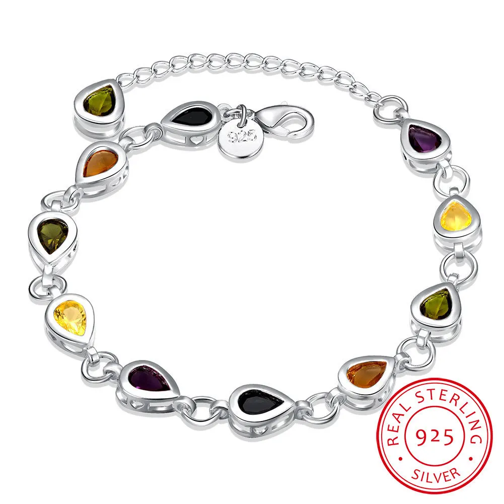 Женский браслет с цветными сердечками из стерлингового серебра 925 пробы