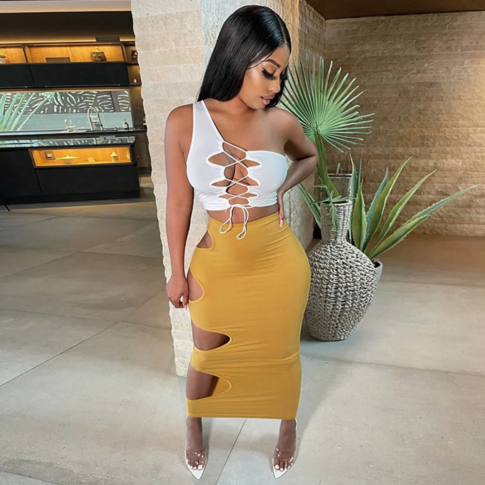 

Asymmetrical Bandage Two Piece Dress Set Women's Clothes One Shoulder Lace Up Crop Top and Side Hollow Out Skinny Maxi Skirts
