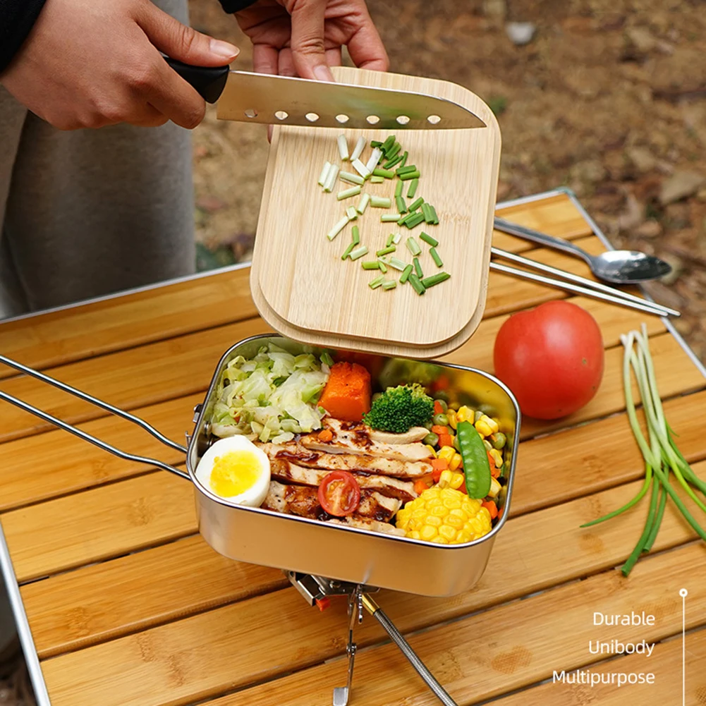 

Stainless Steel Stove Lunch Box Folding Wooden Board Cover Bento Box Food Storage Container for Outdoor Travel Camping BBQ Picni