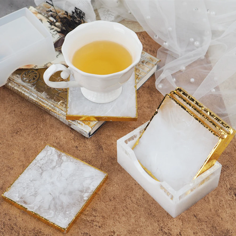 

Diy Crystal Epoxy Resin Mold Square Coaster With Coaster Storage Box Silicone Mirror Mold For Resin