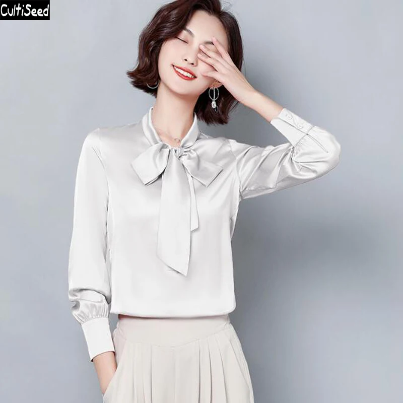 

Cultiseed Women Bow Collar Fake Silk Satin Shirts Blouses Tops Female New Spring Autumn Long Sleeve Shirts Office Work Party Top