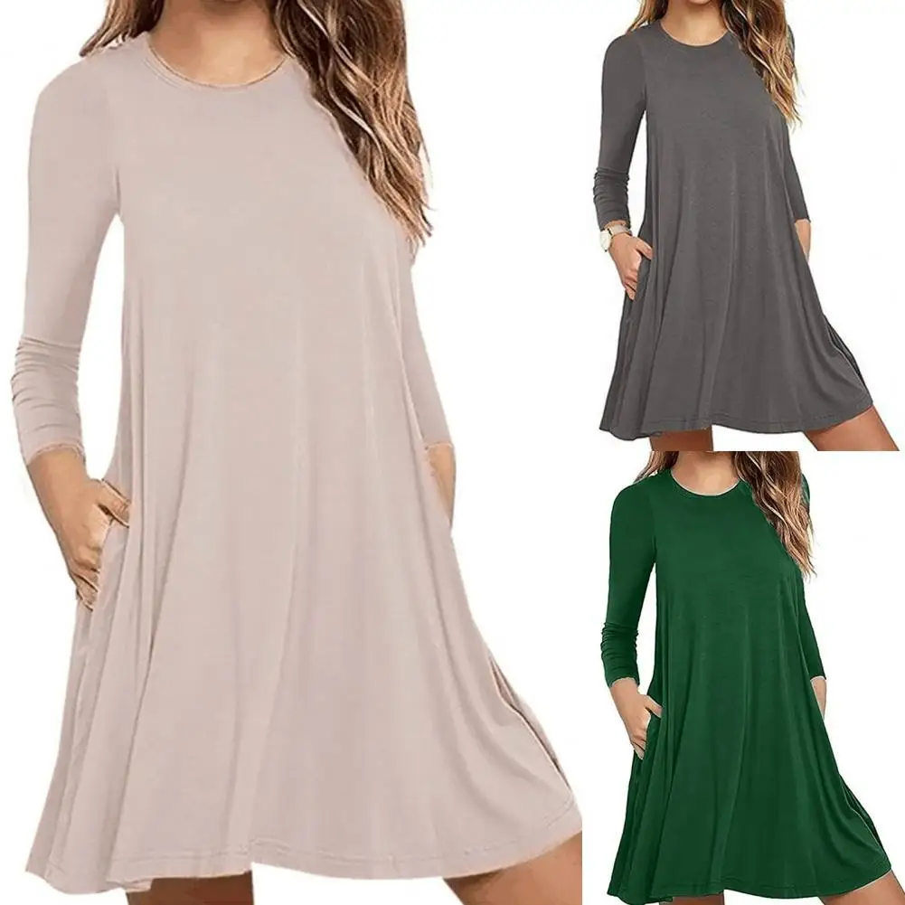 Casual Dress Herfst Vrouwen Korte Effen Kleur A-lijn Jurken Dames Lange Mouwen Mini Crew Neck Eenvoudige Losse Lente Jurk