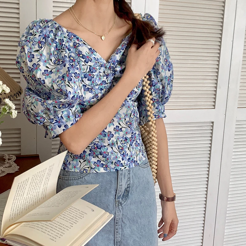 

Summer Girls Slash Neck Florals Sexy Slim Femme 2021 Printing Chic Blouses New High Quality Office Lady Women Short Shirts Tops