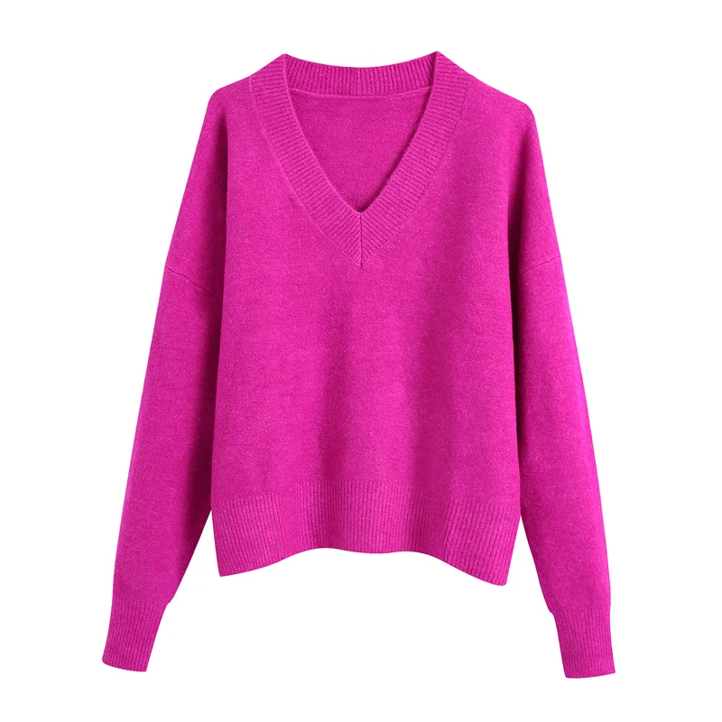 

2021 Autumn Women Fashion soft knit sweater Vintage Casual sweet V-Neck long sleeves ribbed trims Female Pullover Chic Tops