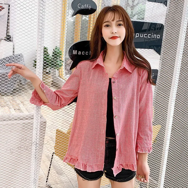 

Blouse Shirts Long Sleeve Plaid Printed Lapel Women Blouse Long Sleeve Turn-down Collar Casual Tops Blouse