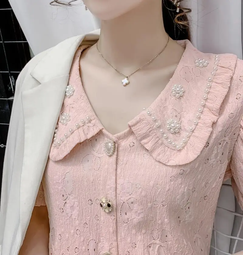 

Korean Blusas Mujer Beading Peter Doll collar Shirts Women Short Puff Sleeve Summer Blouses Female Tops Loose Kawaii Shirt w382