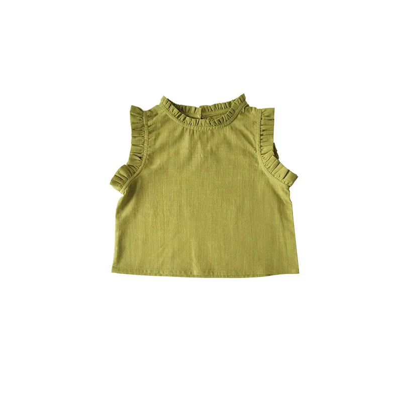 

2021 New Summer Cute Girls Solid Color Sleeveless Vest Fashion Kids Cotton Linen Loose Soft Tops