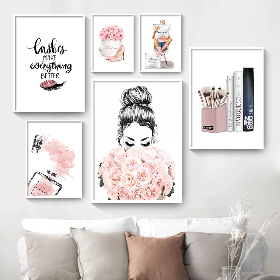 

Nordic Wall Art Canvas Painting Lashes Black Lips Women Poster Print Simplicity Perfume Books Picture Modern Salon Beauty Decor