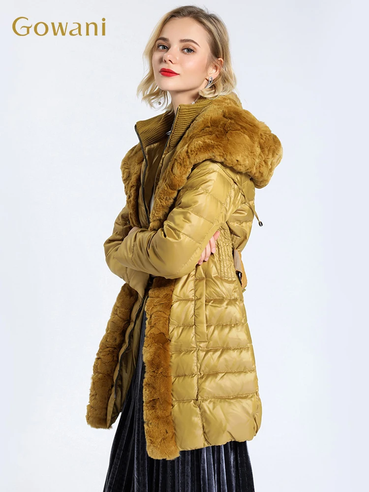 Gowani-Chaqueta de invierno con capucha de piel de conejo Real para mujer, abrigo de plumón con cinturón de Color dorado