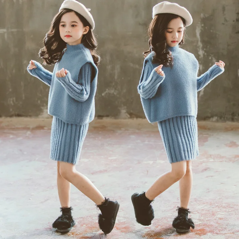 

Girls Clothing set New Autumn Warm Thicken Knitted Sweater Dress Set Children Costume 6 -12 Years Kids Girls Winter Clothes