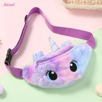 cute unicorn childrens fanny pack girls waist bag kids plush toys belt gradient color anime cartoon coin purse travel chest bag