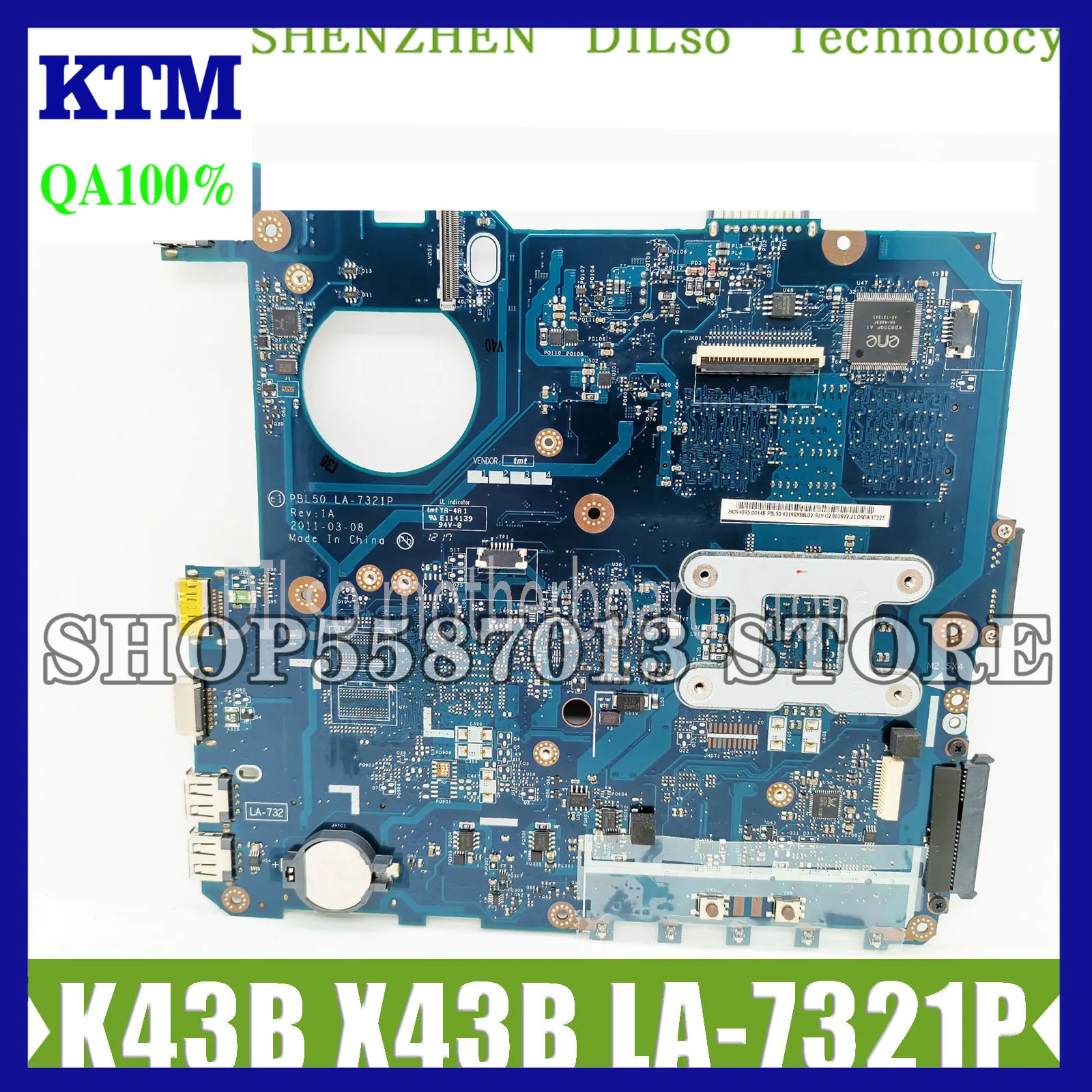 

KEFU K43B mainboard For ASUS X43U K43U X43B K43BY K43BR X43BR Laptop Motherboard PBL50 LA-7321P REV:1A 100% original