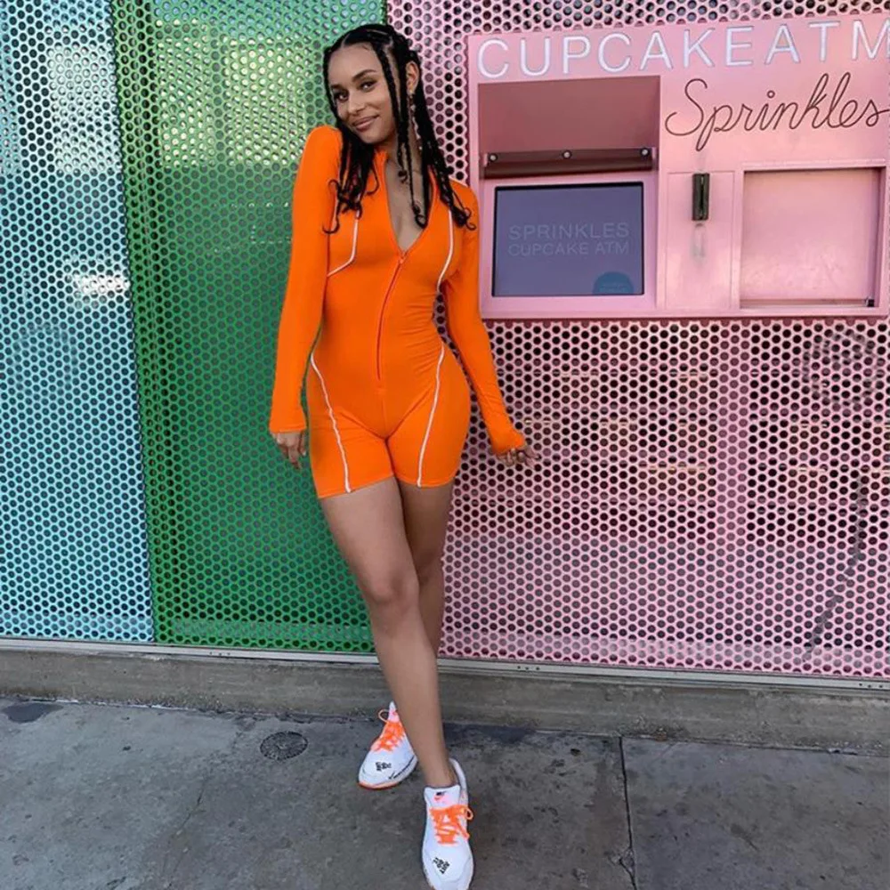 

New Women Reflective Stripe Patchwork Jumpsuit Fashion Long Sleeve Zipper Bodycon Playsuit for Ladies