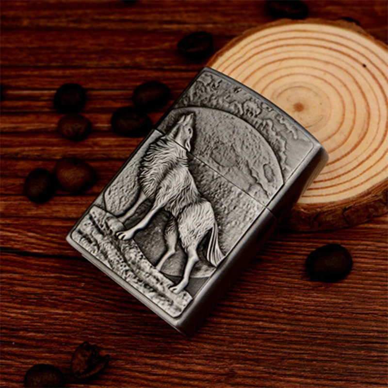 Винтажная рельефная Зажигалка на реактивных колесах Wild Wolf& Moon портативная сигаретная дымовая надувная Классическая Бутановая газовая зажигалка